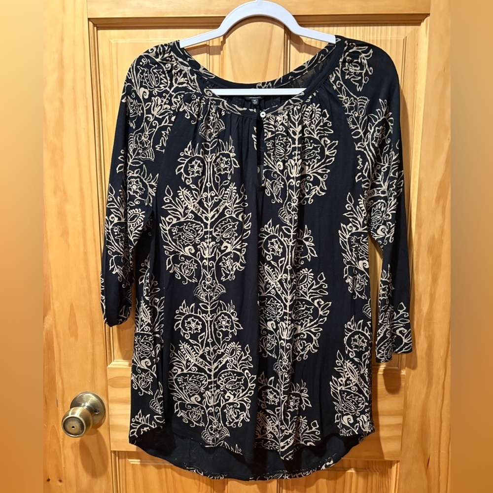 Lucky Brand black and beige floral print peasant blouse M NWT